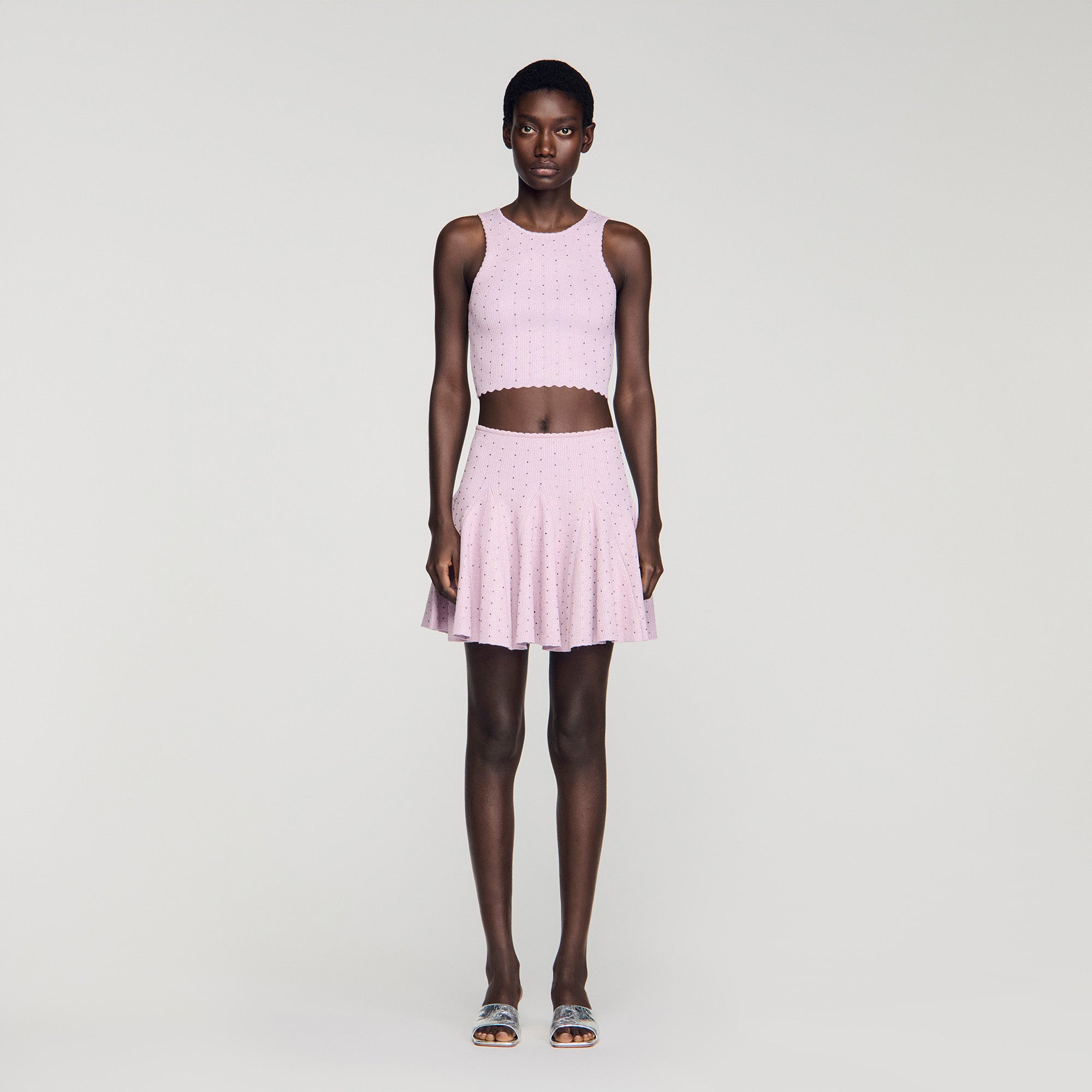 Tea Short Rhinestone Knit Skirt Mauve