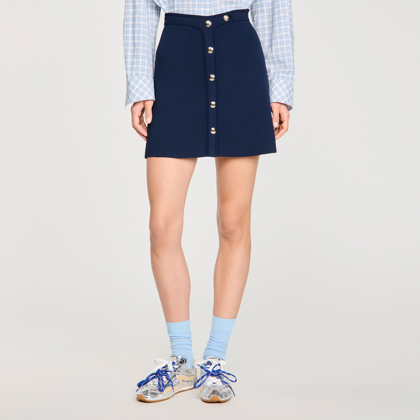 Candice Short Ribbed Skirt With Press Studs Navy Blue