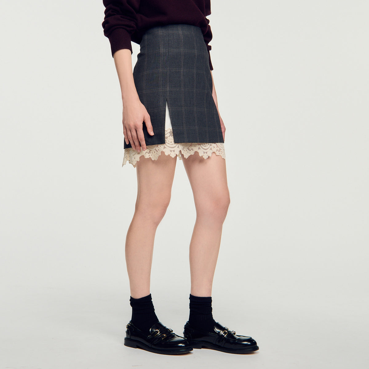 Poesa Short skirt with lace panel Grey