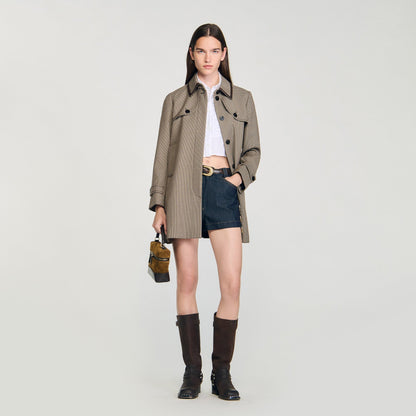 Windsor Houndstooth Trench, Leather Collar Brown / Beige