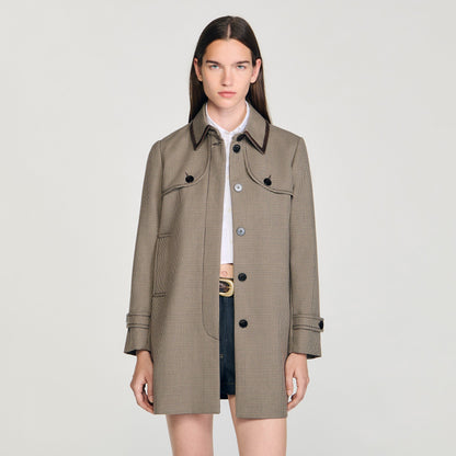 Windsor Houndstooth Trench, Leather Collar Brown / Beige