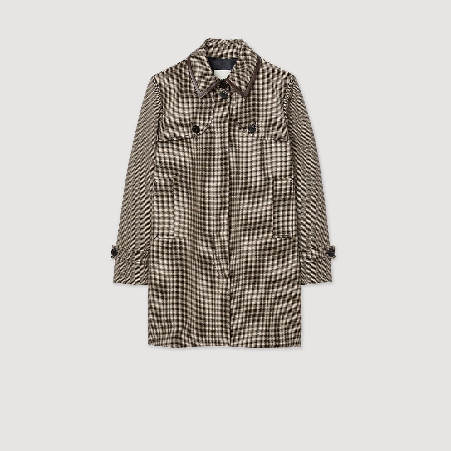 Windsor Houndstooth Trench, Leather Collar Brown / Beige