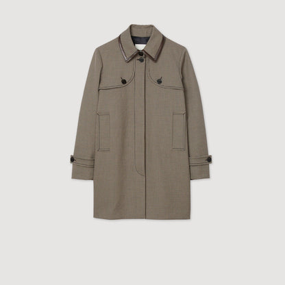 Windsor Houndstooth Trench, Leather Collar Brown / Beige