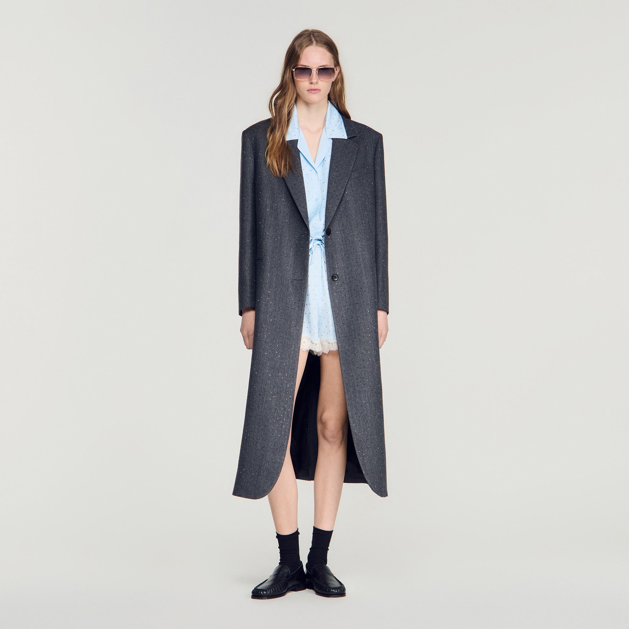 Evan Long Wool Coat With Rhinestones Dark Grey