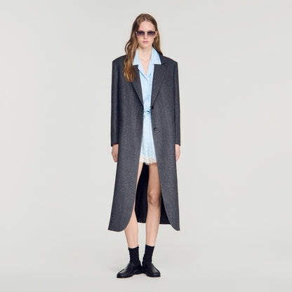 Evan Long Wool Coat With Rhinestones Dark Grey