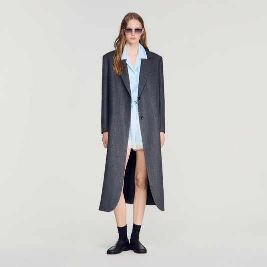 Evan Long Wool Coat With Rhinestones Dark Grey