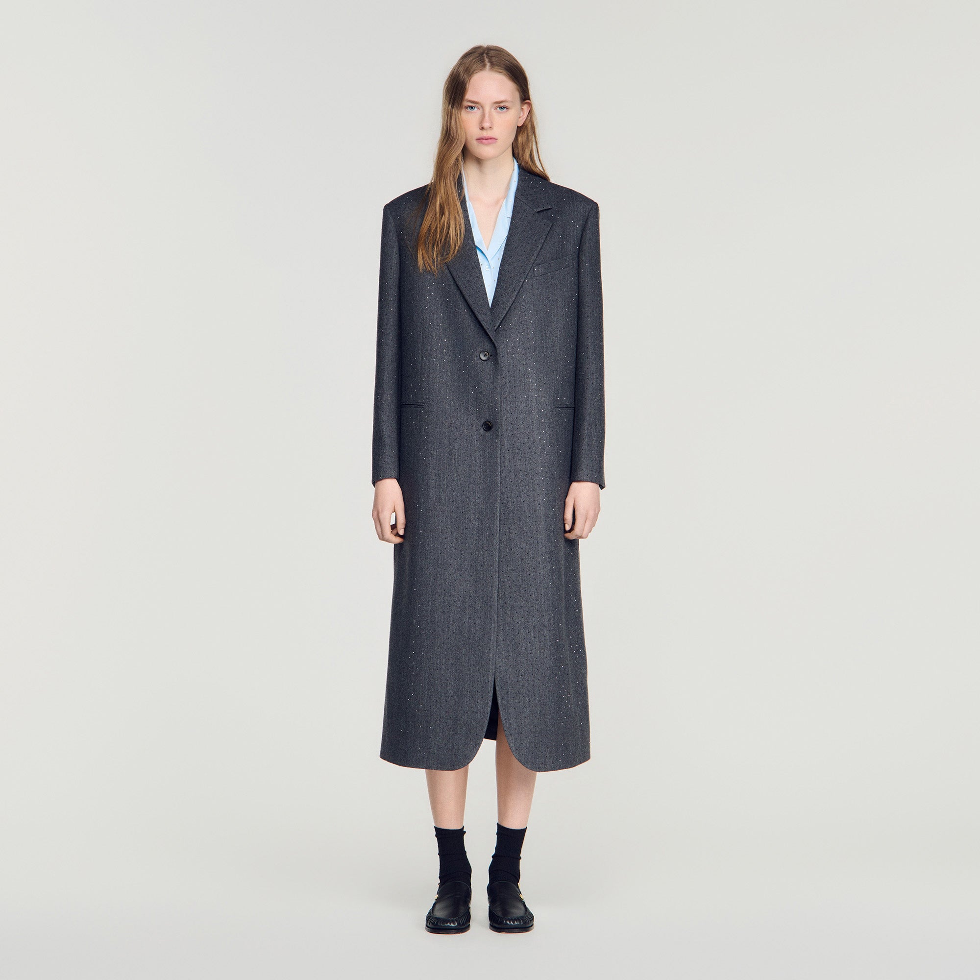 Evan Long Wool Coat With Rhinestones Dark Grey