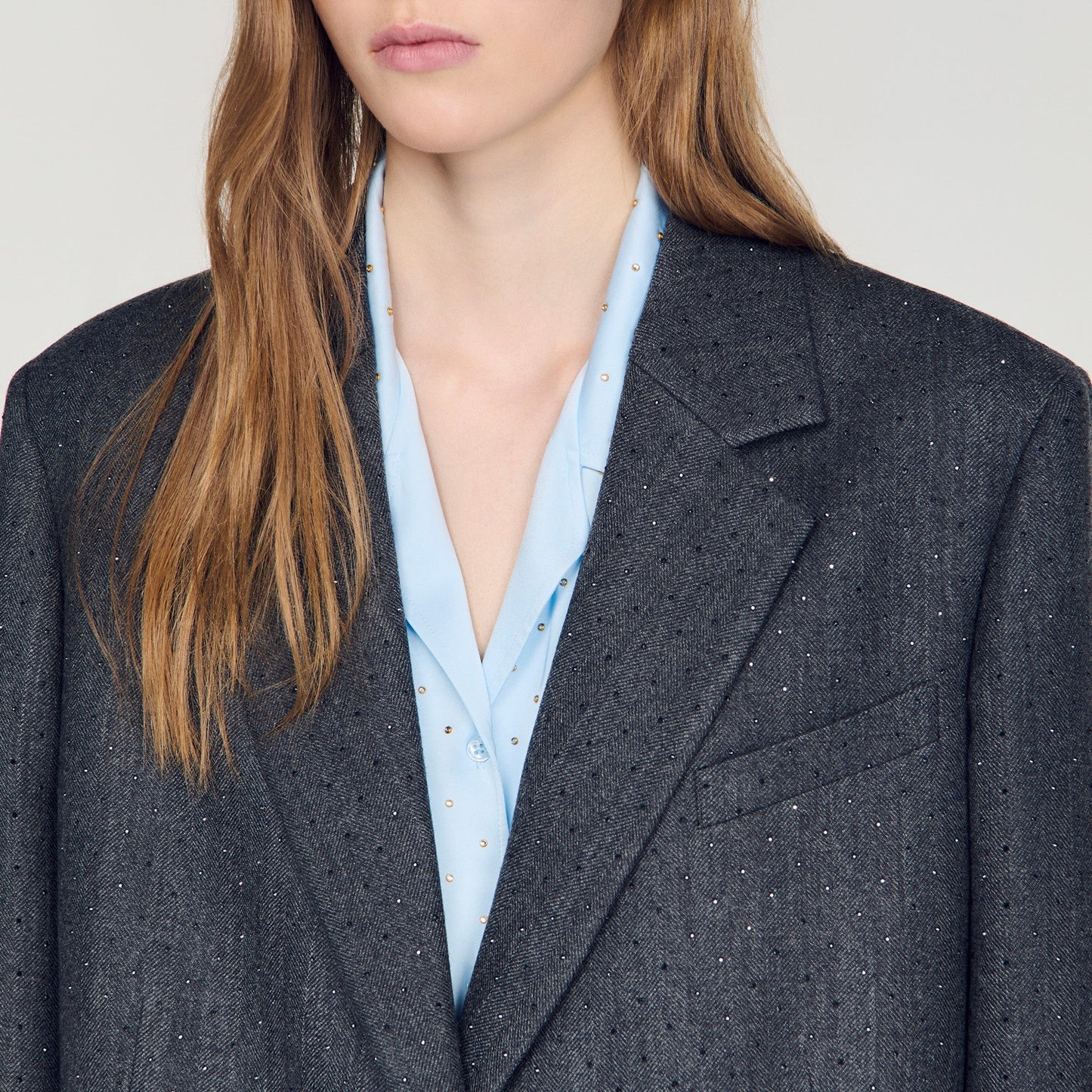 Evan Long Wool Coat With Rhinestones Dark Grey