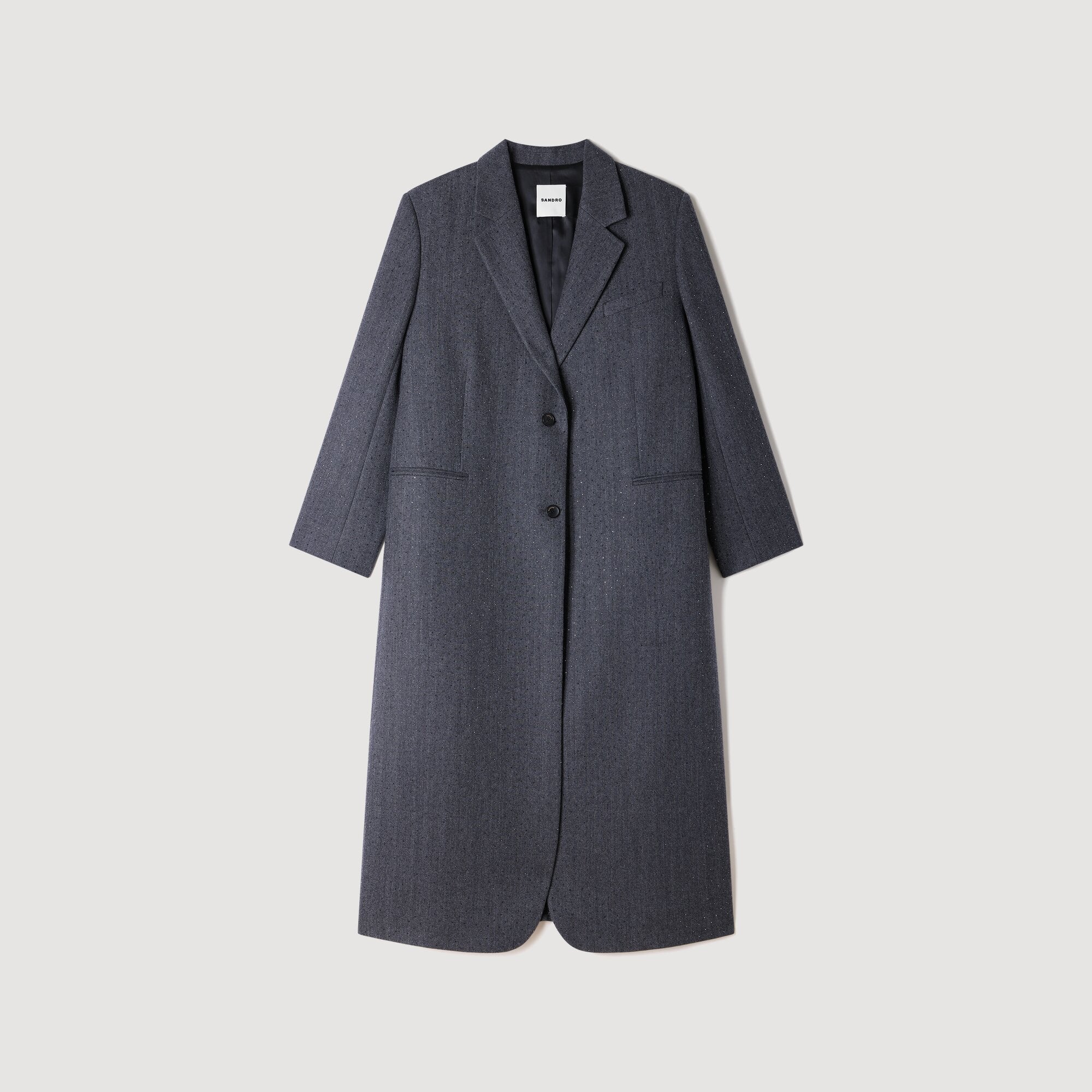 Evan Long Wool Coat With Rhinestones Dark Grey