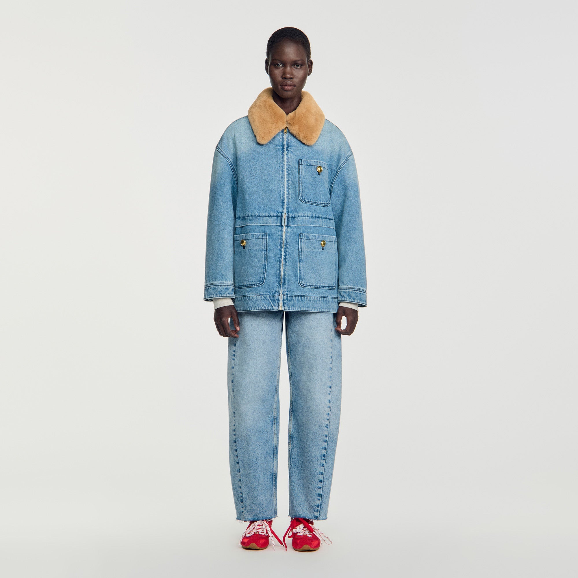 Cameron Denim coat with faux fur collar Blue Jean