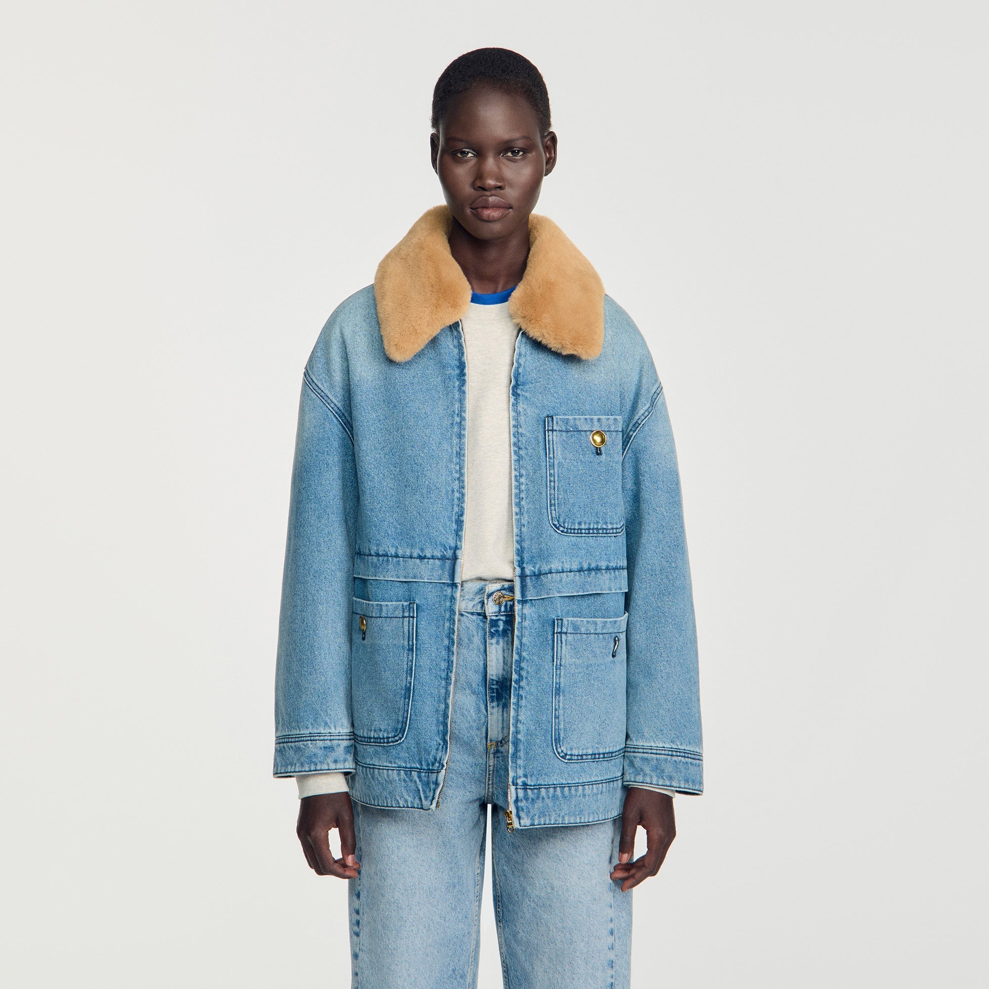 Cameron Denim coat with faux fur collar Blue Jean
