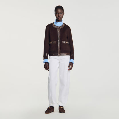 Greenwich Short coat with leather details Brown