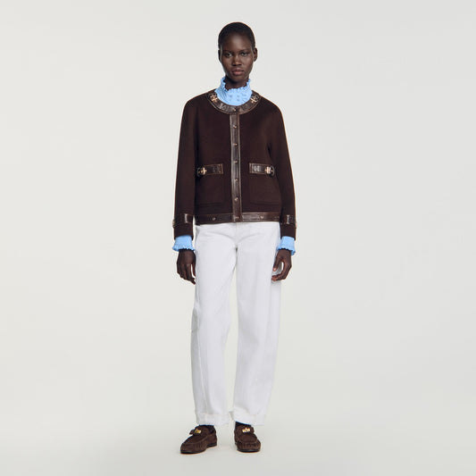 Greenwich Short coat with leather details Brown