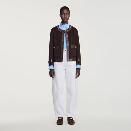 Greenwich Short coat with leather details Brown