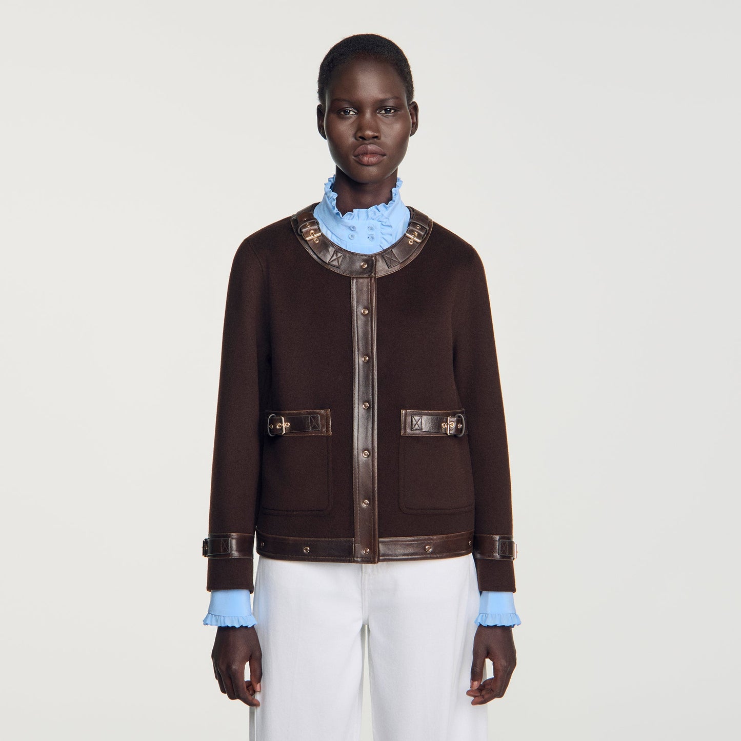 Greenwich Short coat with leather details Brown
