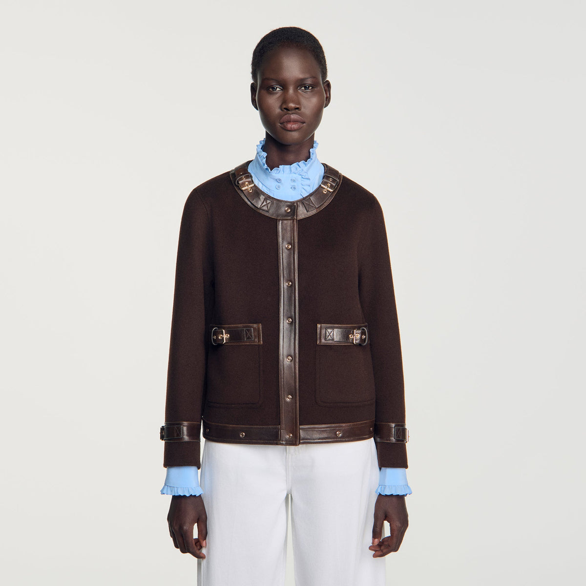 Greenwich Short coat with leather details Brown