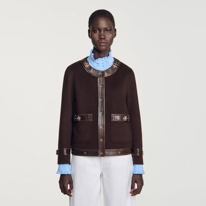 Greenwich Short coat with leather details Brown