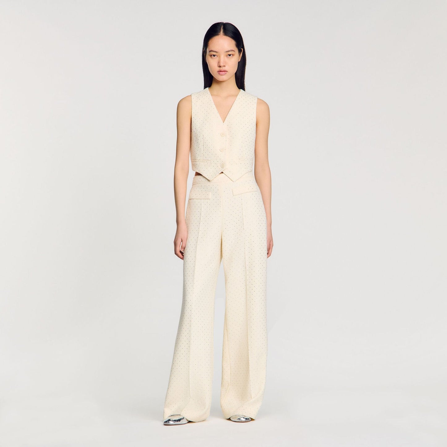 Tweed Rhinestone-Covered Trousers Ecru