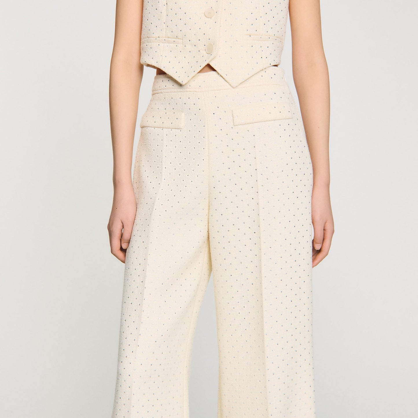 Tweed Rhinestone-Covered Trousers Ecru