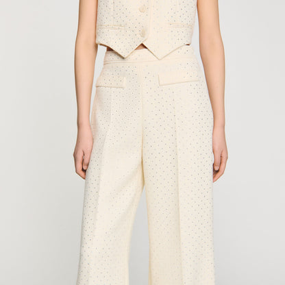 Tweed Rhinestone-Covered Trousers Ecru