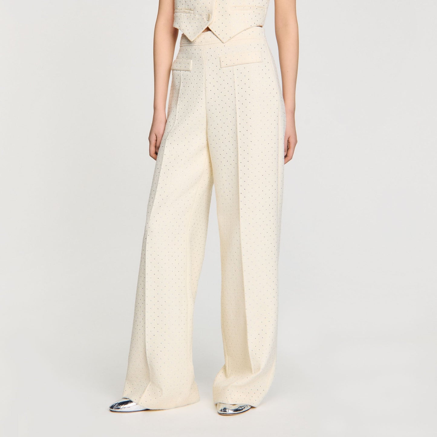 Tweed Rhinestone-Covered Trousers Ecru