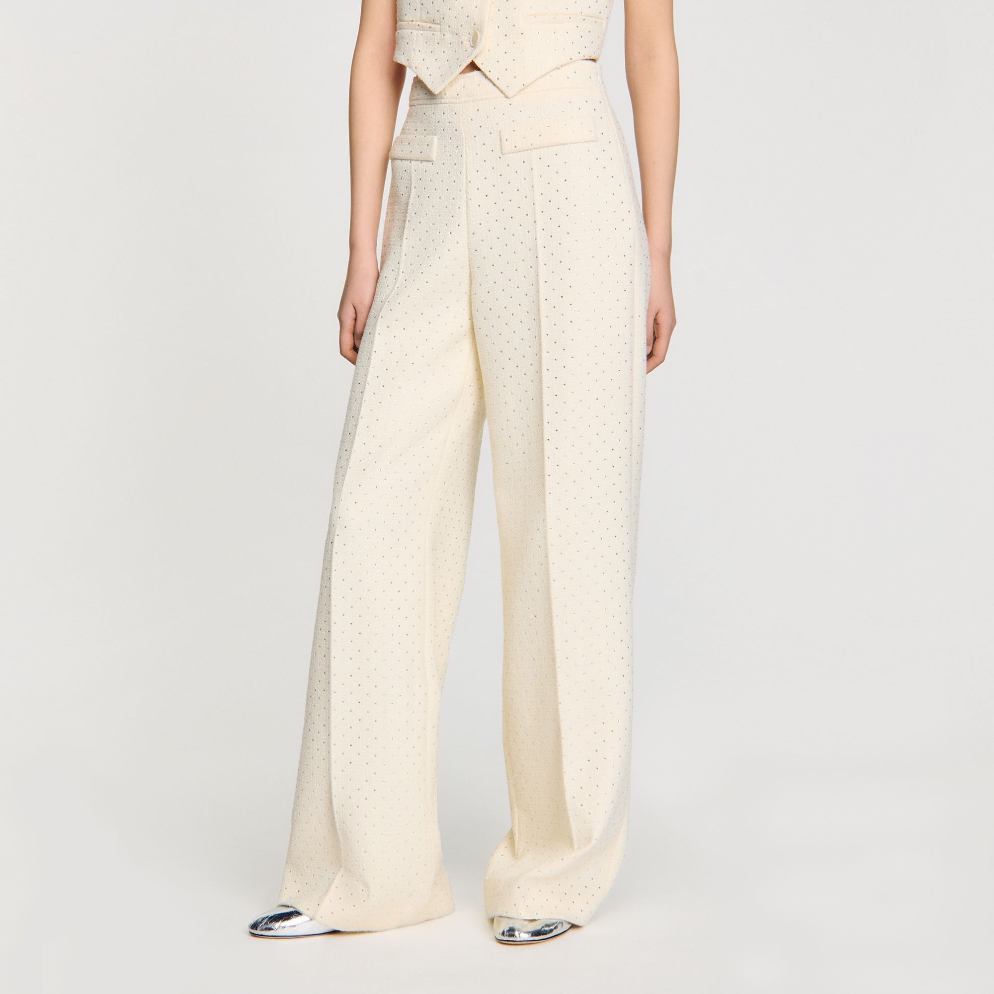 Tweed Rhinestone-Covered Trousers Ecru
