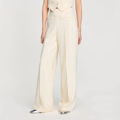 Tweed Rhinestone-Covered Trousers Ecru