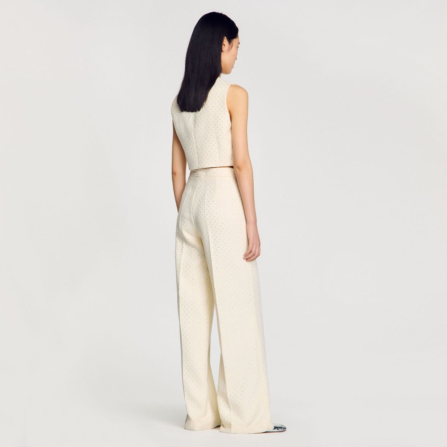 Tweed Rhinestone-Covered Trousers Ecru