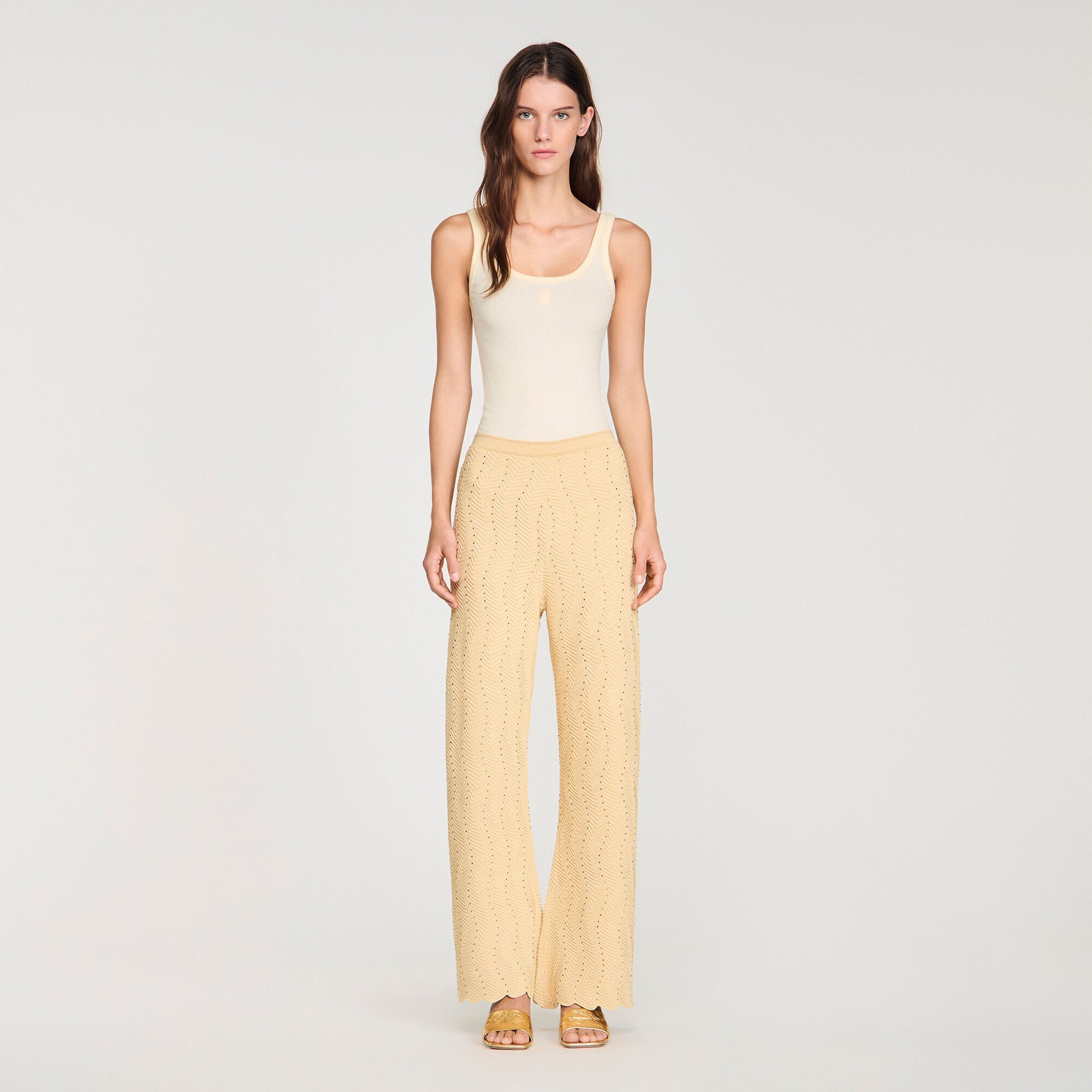 Lolame Rhinestone Knit Trousers Gold