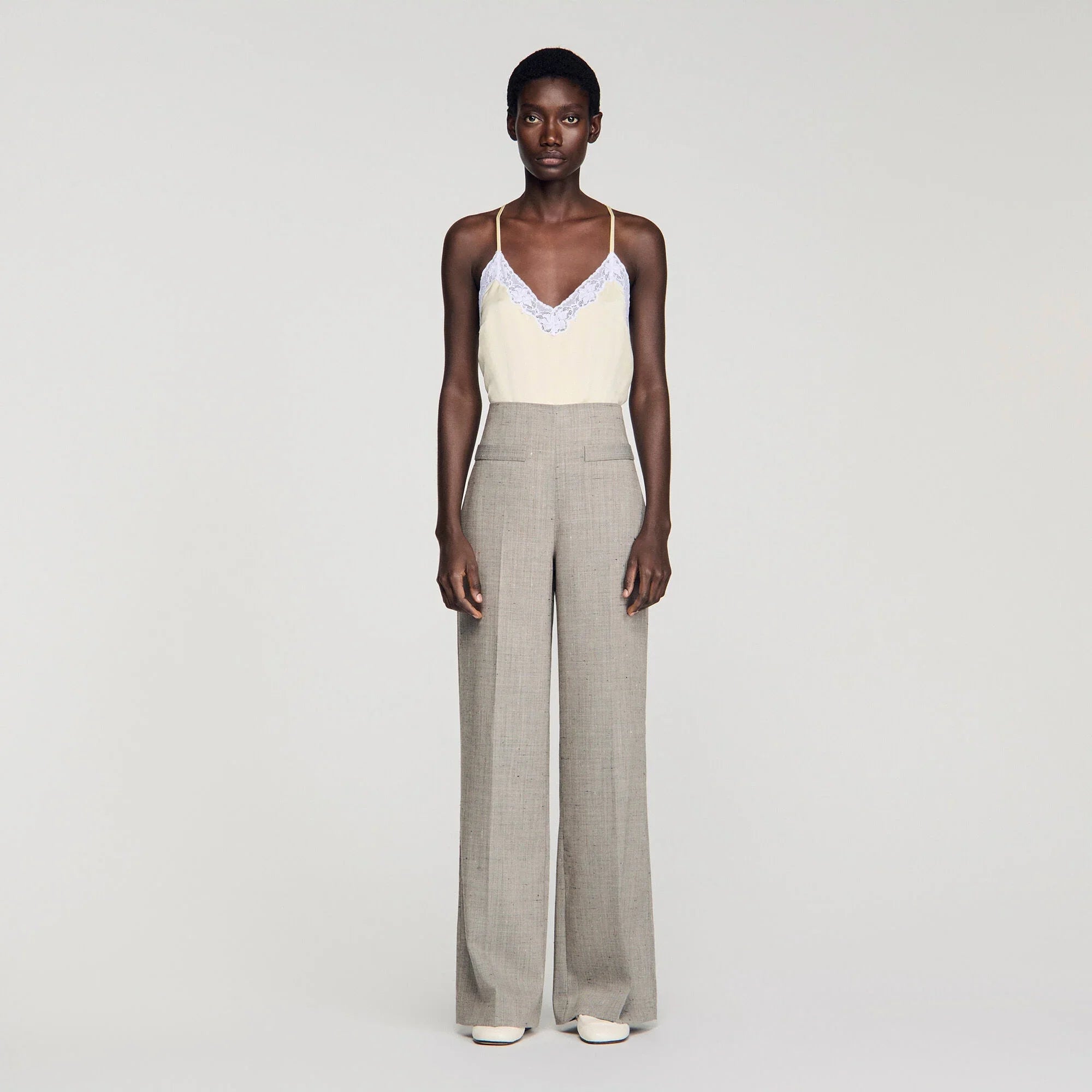 Leyo Wide-Leg Checked Wool Trousers Greige