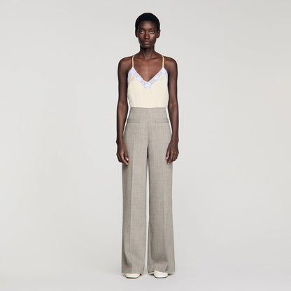 Leyo Wide-Leg Checked Wool Trousers Greige
