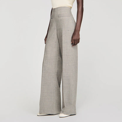 Leyo Wide-Leg Checked Wool Trousers Greige