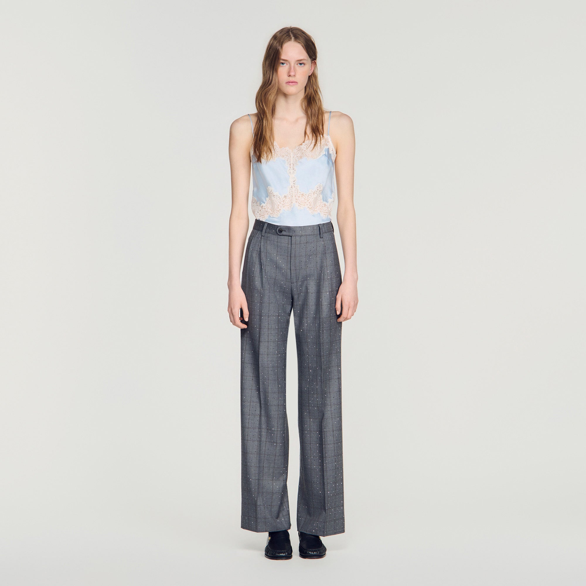 Mireillo Rhinestone Check Wool Trousers Dark Grey
