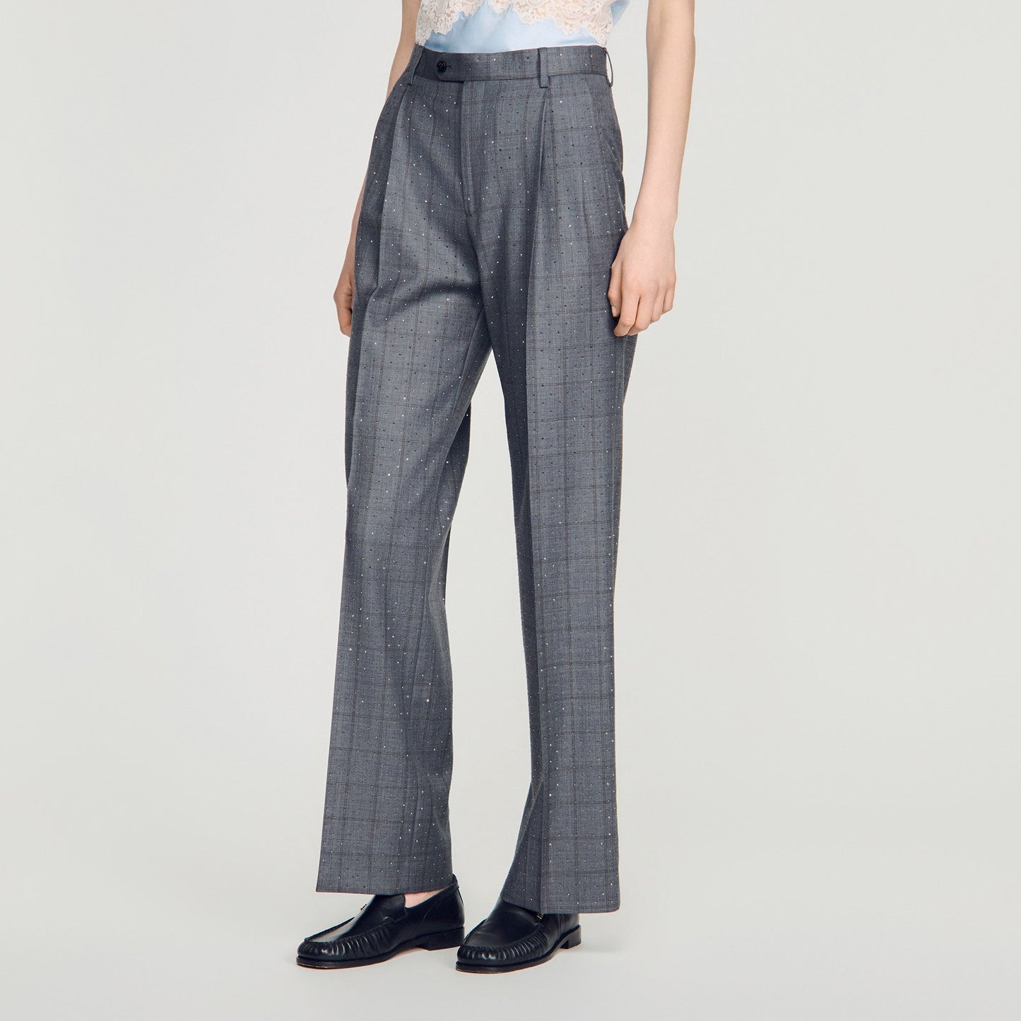 Mireillo Rhinestone Check Wool Trousers Dark Grey