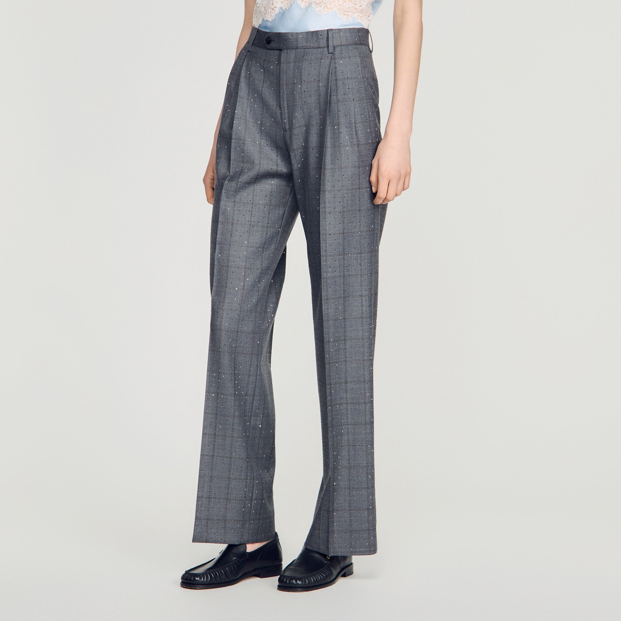 Mireillo Rhinestone Check Wool Trousers Dark Grey