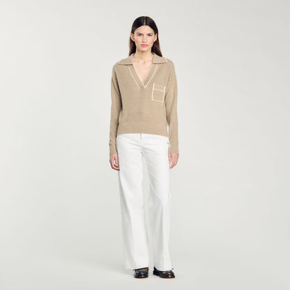 Open Polo-Collar Neck Jumper Beige