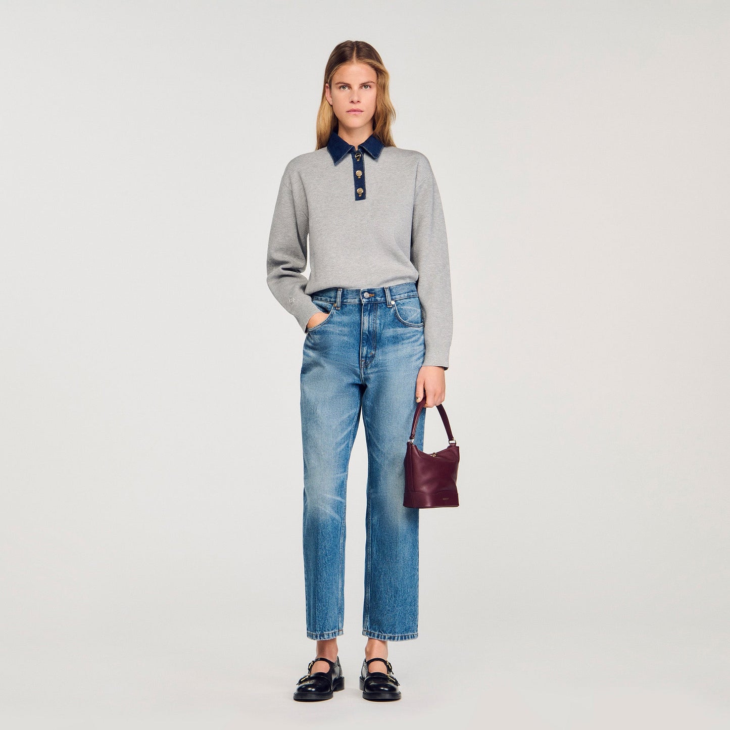Damien Jumper With Denim Collar Grey