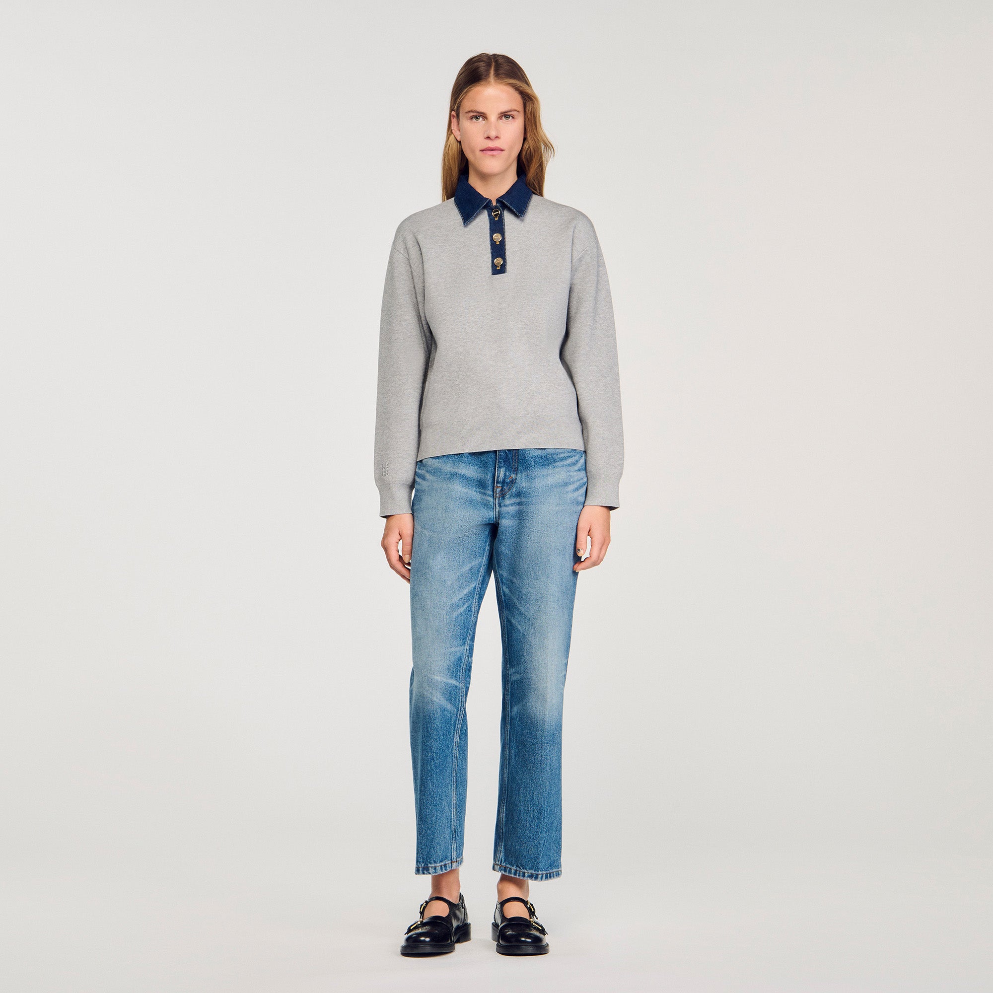 Damien Jumper With Denim Collar Grey