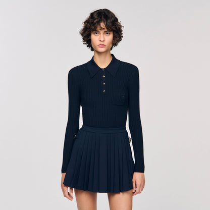 Morin Cable Knit Polo Jumper Navy Blue