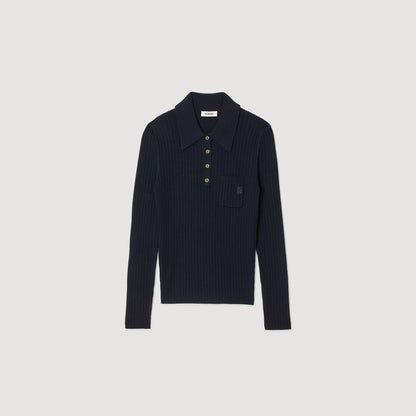 Morin Cable Knit Polo Jumper Navy Blue