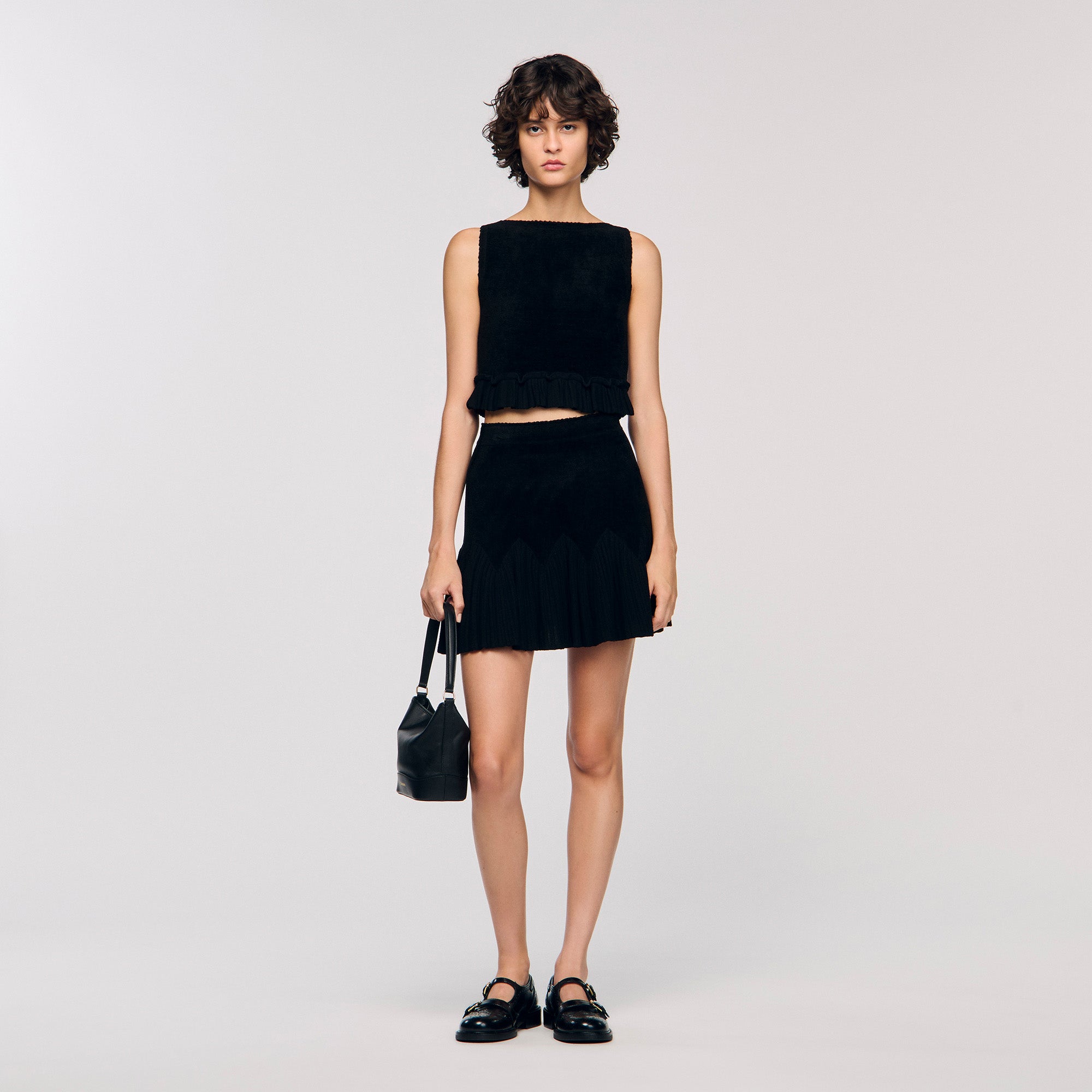 Oreon Ruffled Knit Crop Top Black