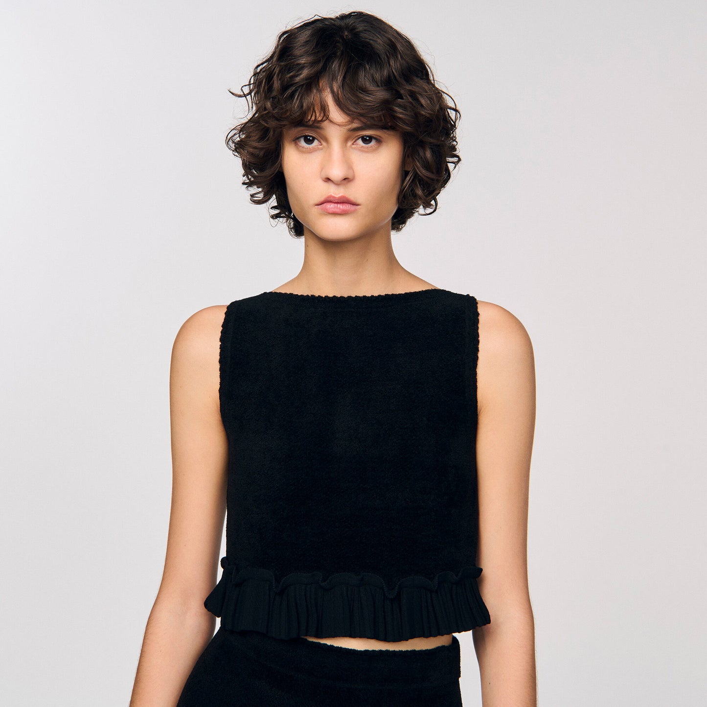 Oreon Ruffled Knit Crop Top Black