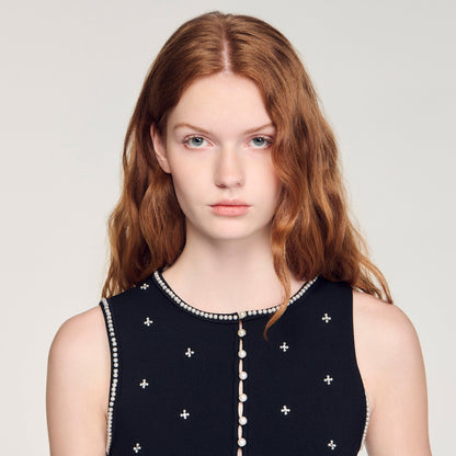 Lilia Jewelled Embroidered Knit Crop Top Black