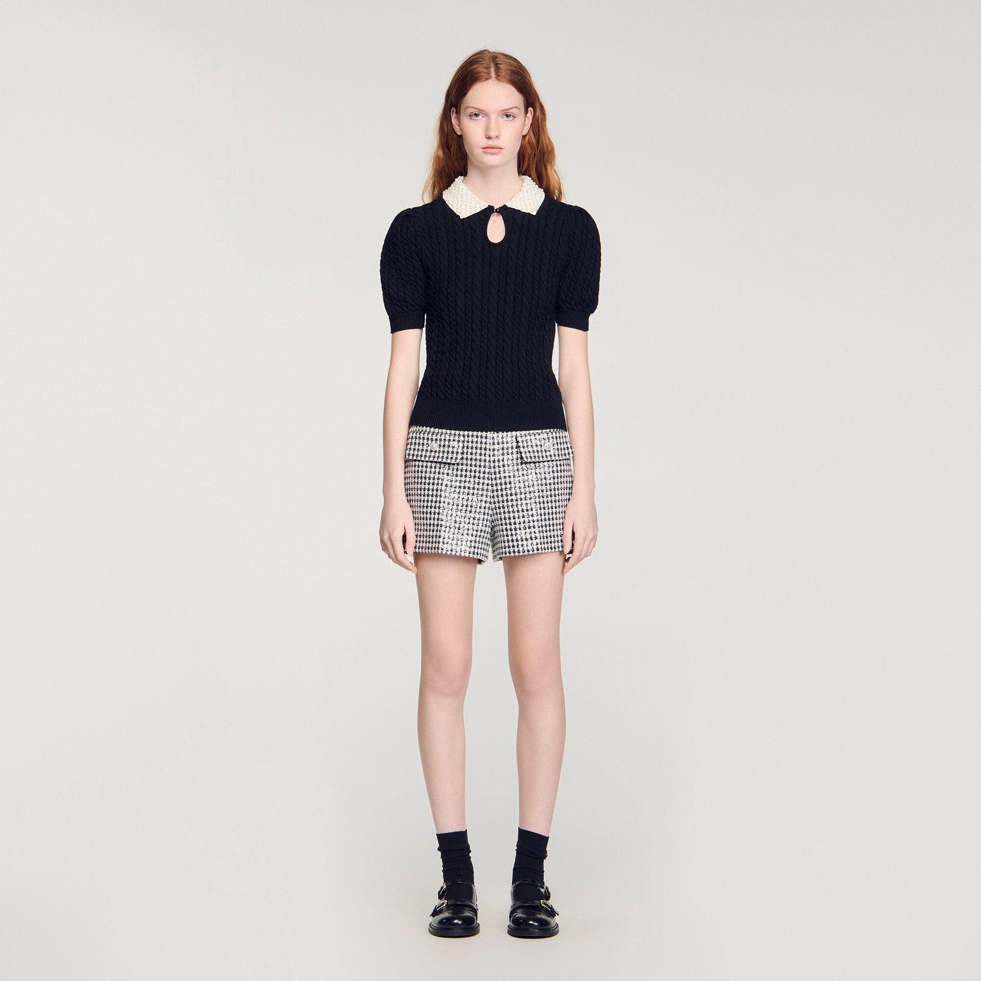 Madine Pearl Collar Cable Knit Jumper Black
