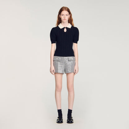 Madine Pearl Collar Cable Knit Jumper Black