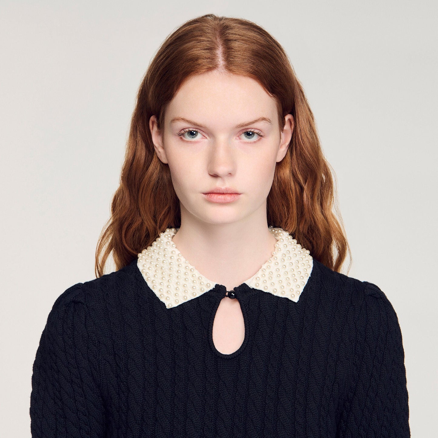 Madine Pearl Collar Cable Knit Jumper Black