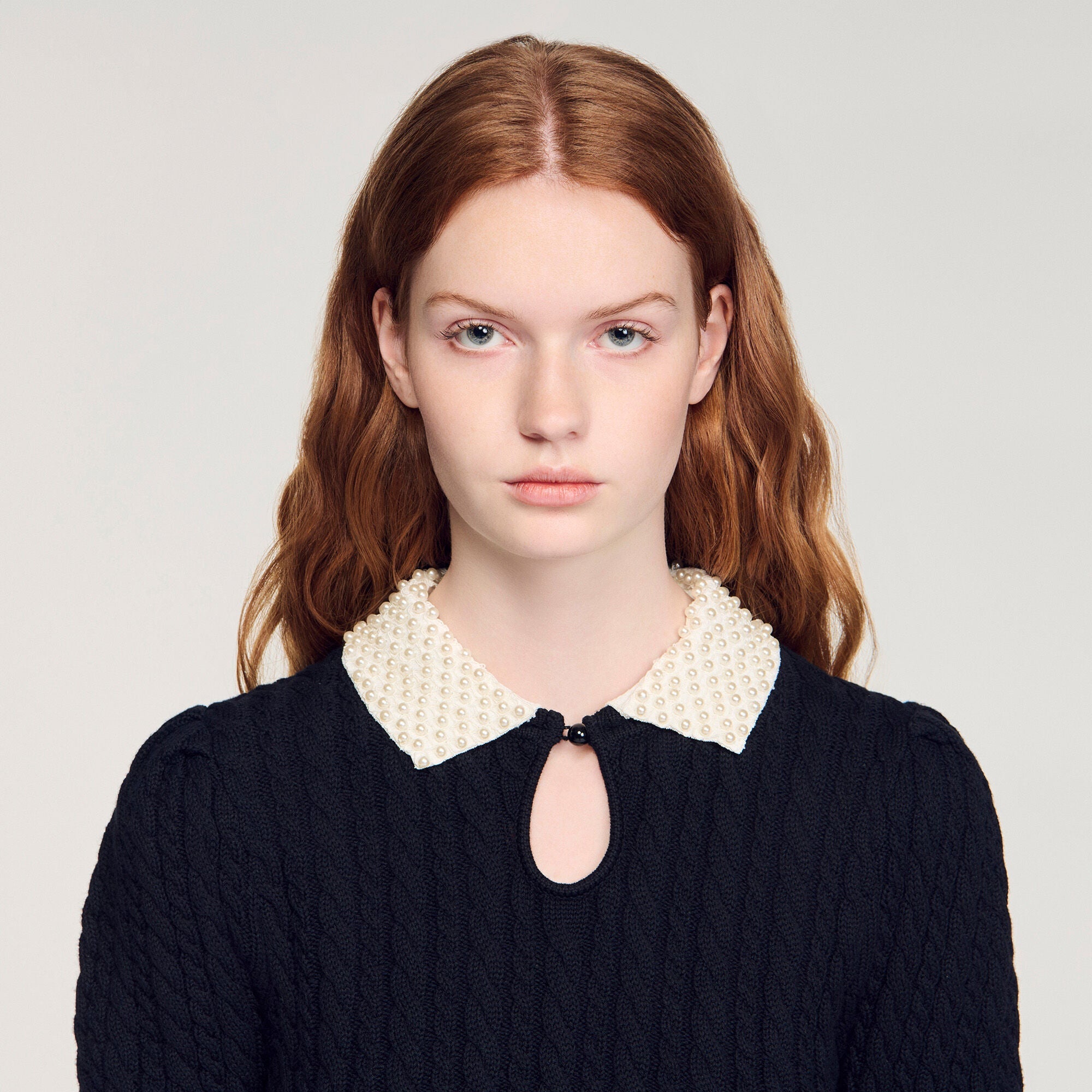 Madine Pearl Collar Cable Knit Jumper Black