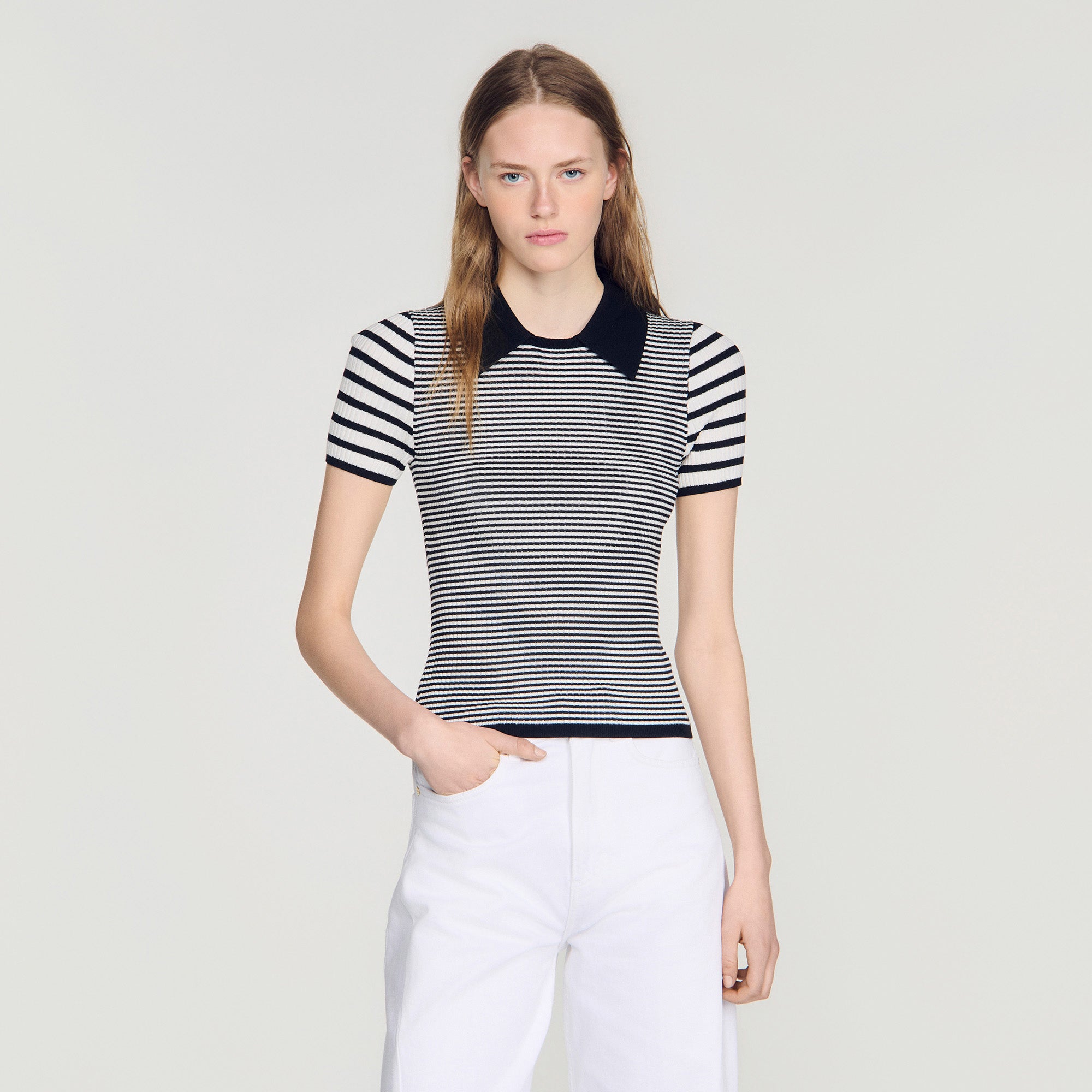 Ludo Striped Polo-Style Jumper Black / Ecru