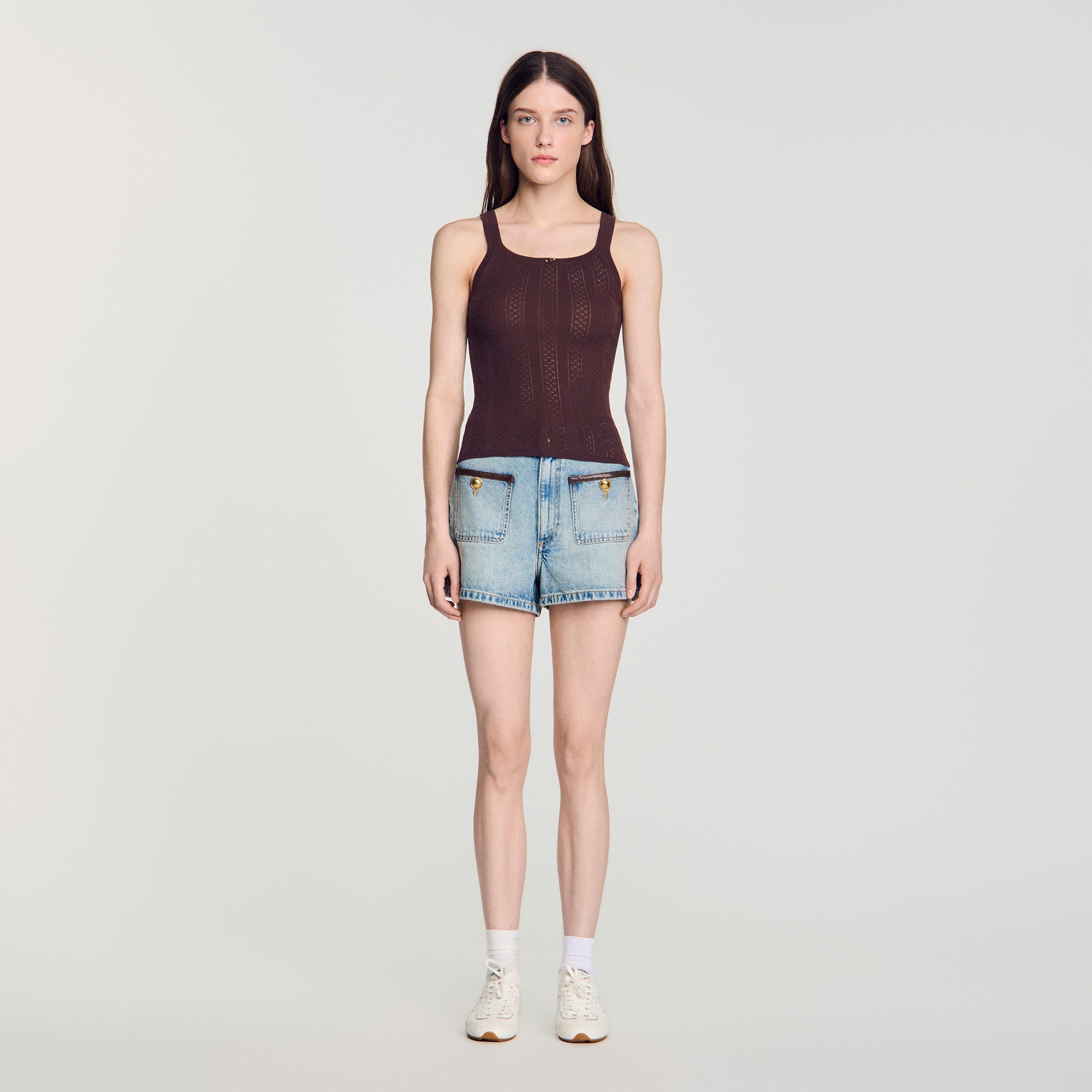 Aloe Pointelle knit vest top with bow Brown