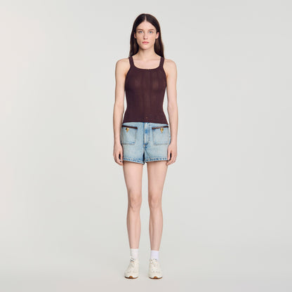 Aloe Pointelle knit vest top with bow Brown